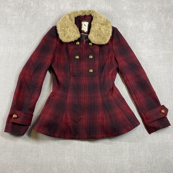 Elevenses Jacket Womens 8 Red Plaid Faux Fur Collar Button Peacoat Wool Blend - Picture 1 of 13